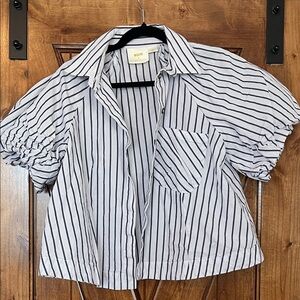 Anthropologie Blue and White Striped Button Down Puff Short Sleeve Shirt